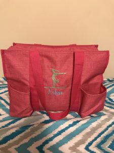 Pink Zip-top Organizing Utility Tote with gymnast icon and child's name