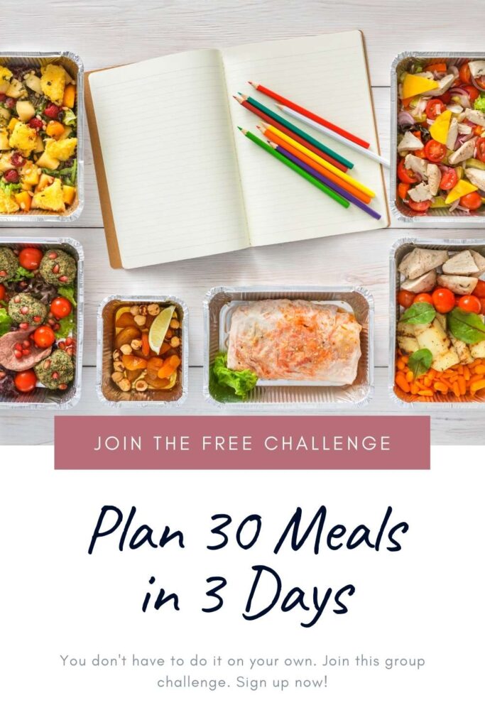 various trays of food and blank notebook for meal planning