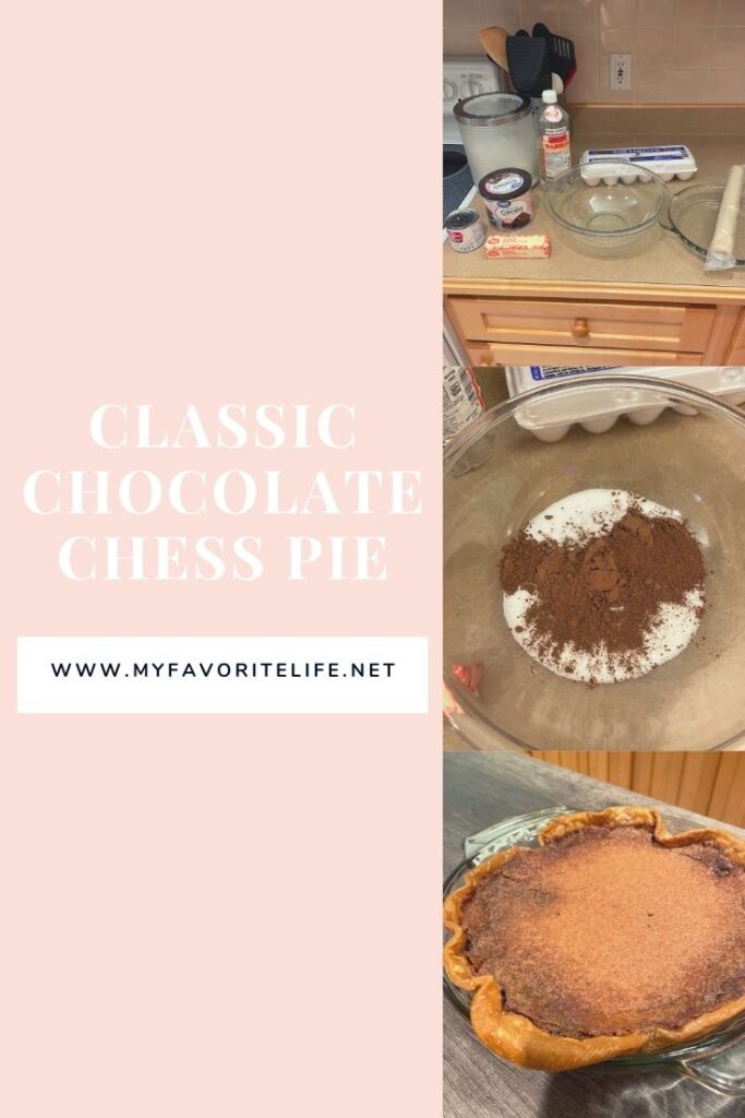 grid of three photos showing the process of making a chocolate chess pie. One photo showing required ingredients, one photo shows mixing ingredients, and last photo shows finished pie
