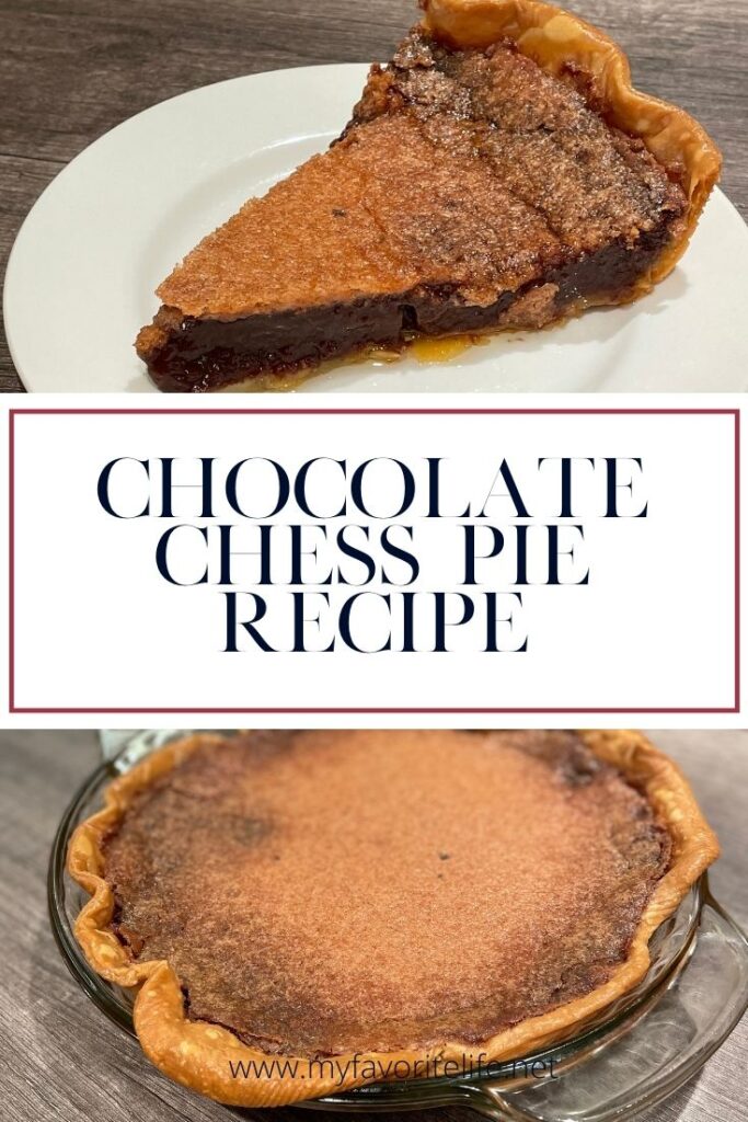 2 photos - one of a whole baked chocolate chess pie and the other photo of one slice of the pie so you can see the goodness inside