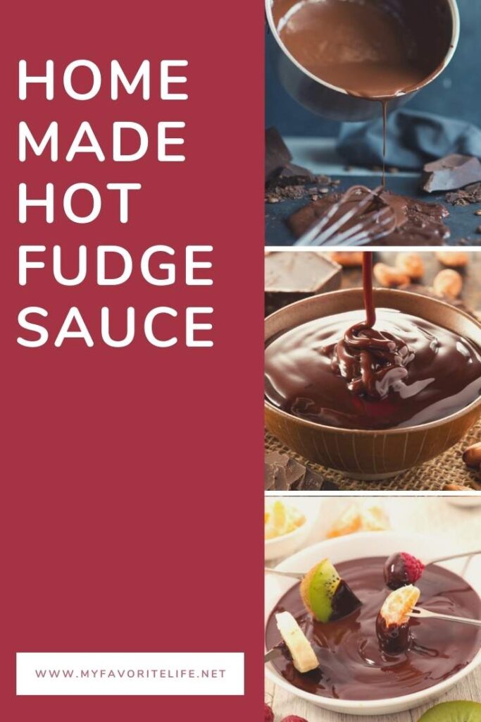 Hot fudge in the making, finished in a bowl, and being used as a fruit dip