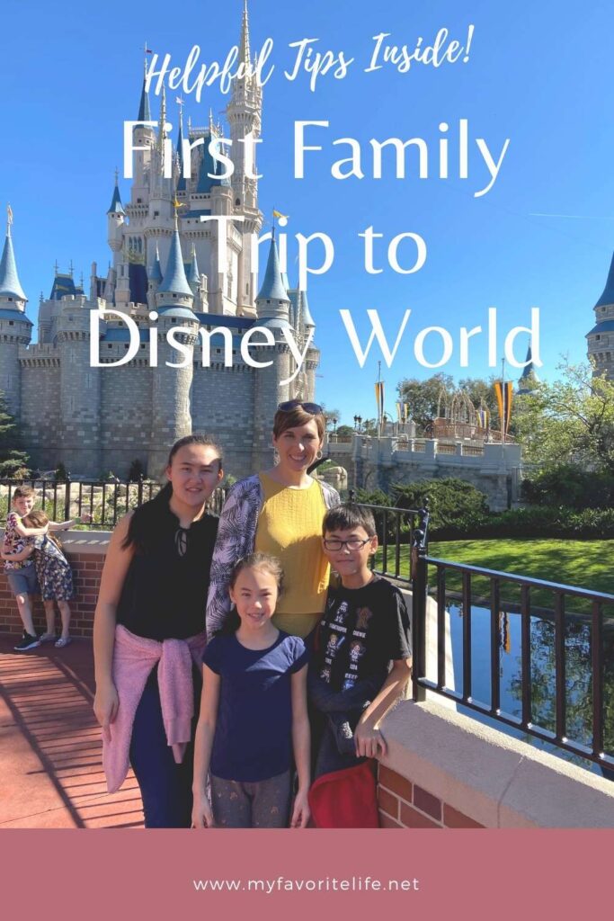 Mom and three kids standing in front of Cinderella's Castle at Walt Disney World