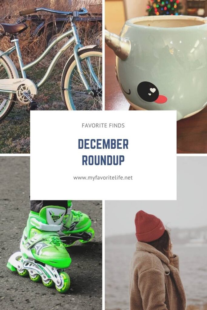 favorite finds december including a narwhal coffee cup, bicycle, rollerblades, and warm fuzzy jacket